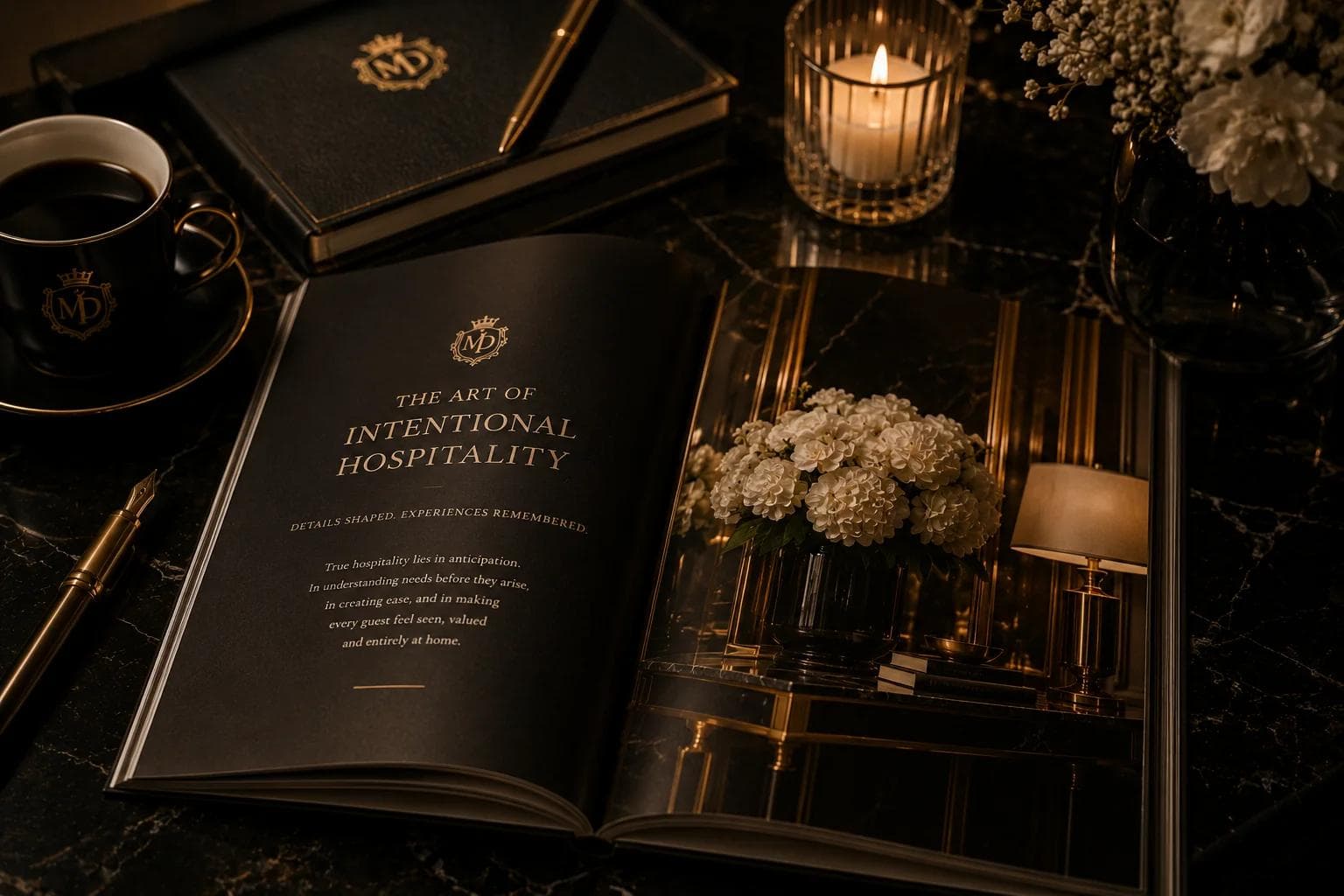 A formal table setting with a personalized menu card, glassware, and candlelight.