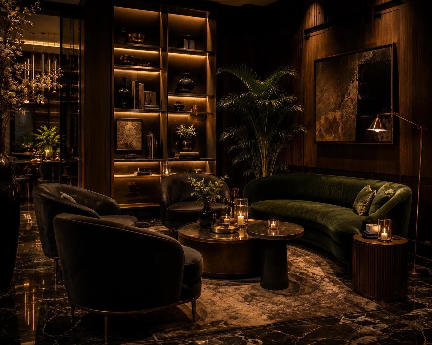 A dark, intimate lounge with a green velvet sofa, bookshelves, and candlelight.