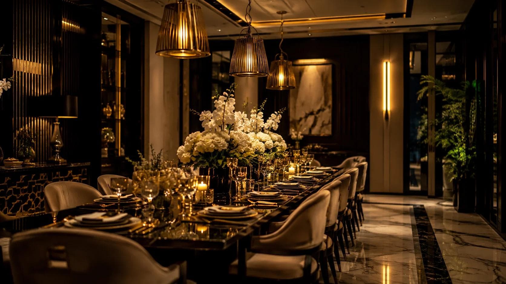 An intimate dark dining room with an orchid centerpiece and rattan pendant lights.