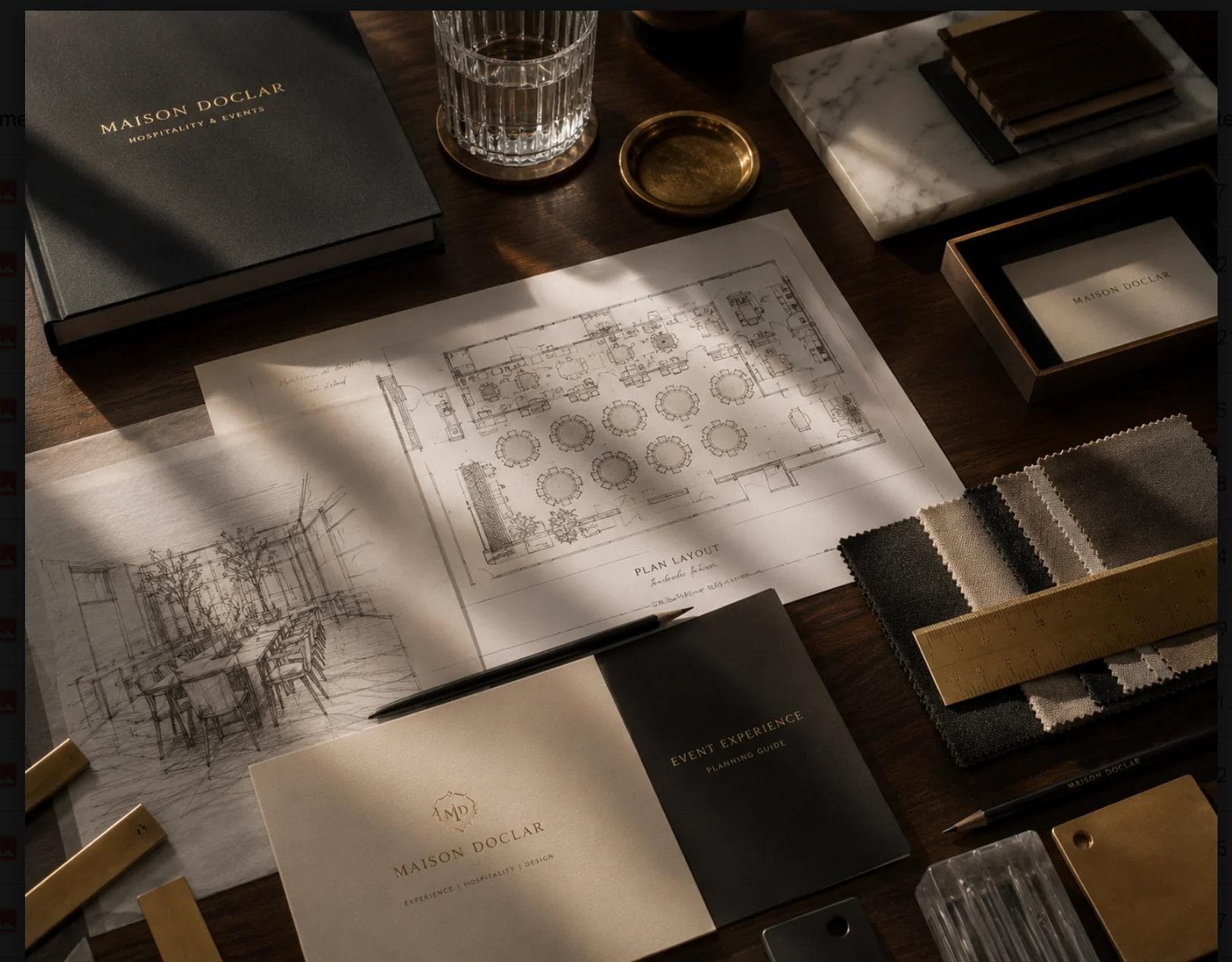 An event planner's desk with architectural sketches, a floor plan, and fabric swatches in warm light.