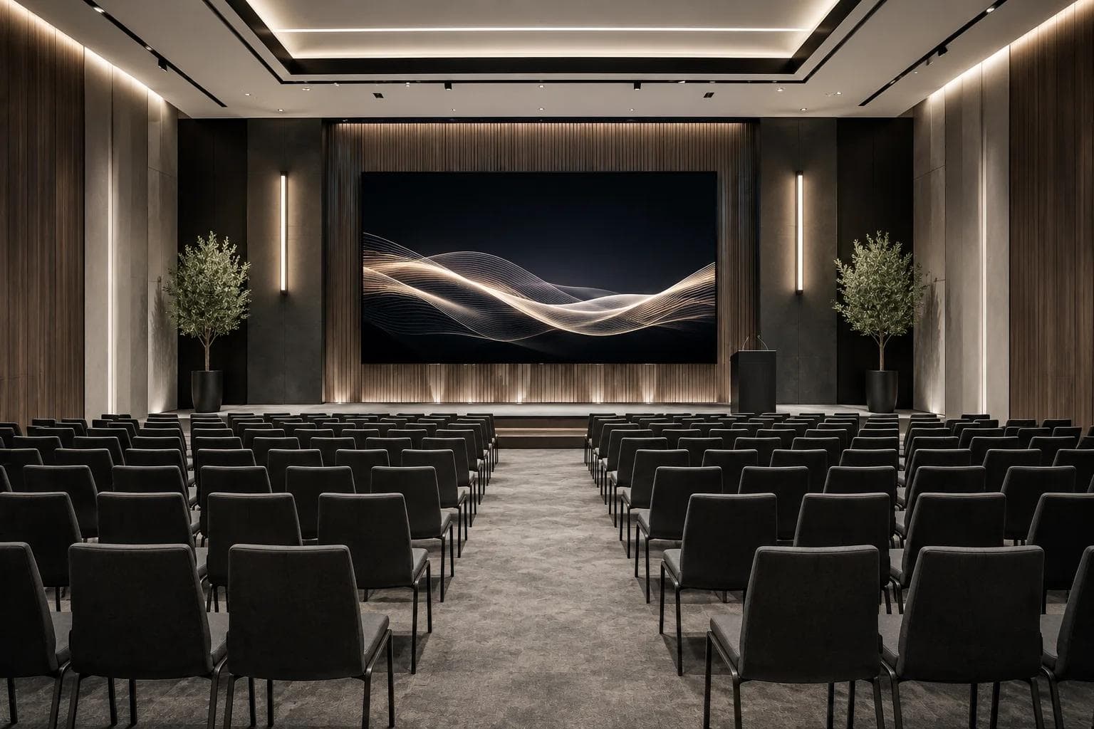 An empty auditorium with rows of chairs facing a large screen showing an abstract light pattern.