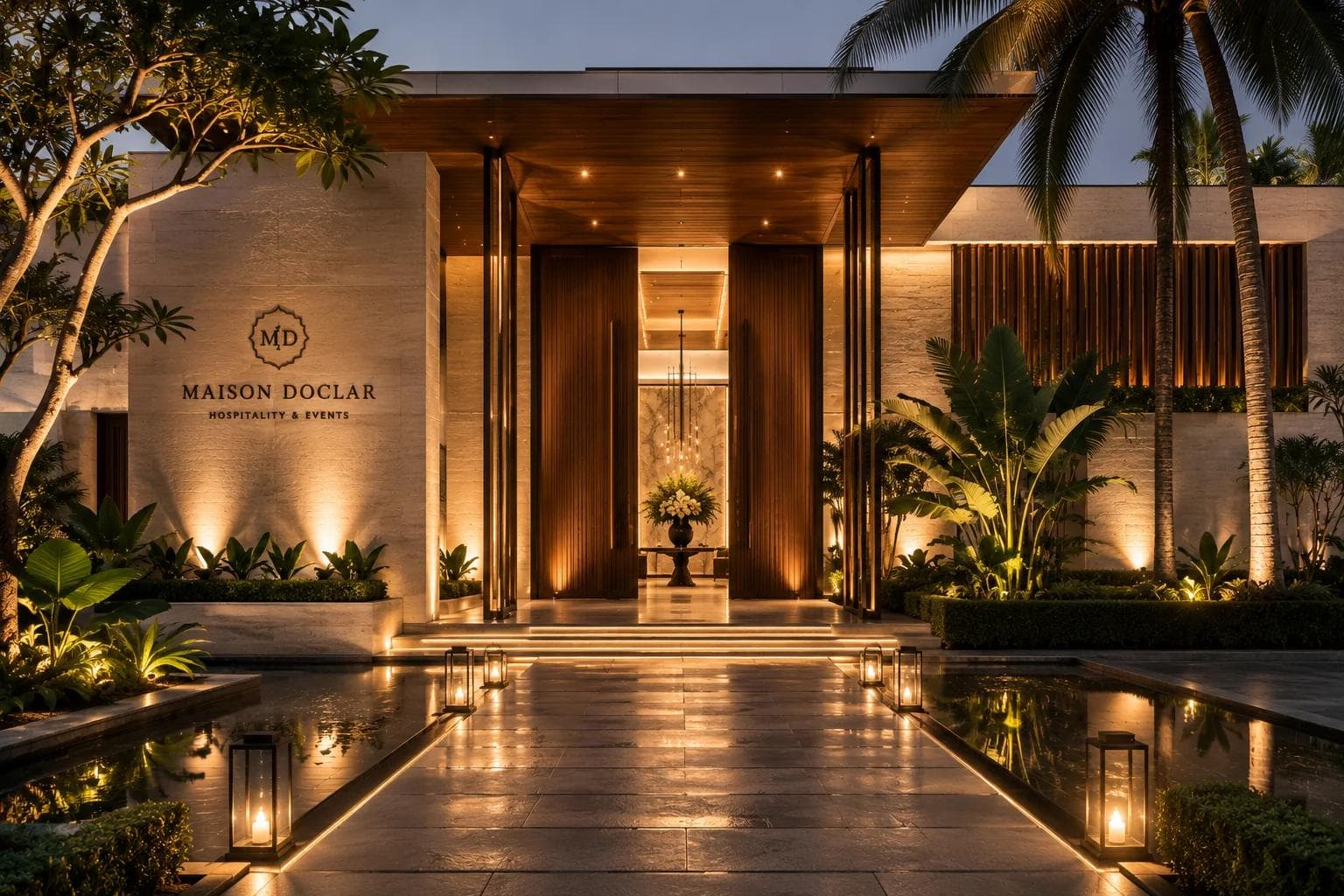 The illuminated entrance facade of a private estate at dusk, flanked by palm trees.