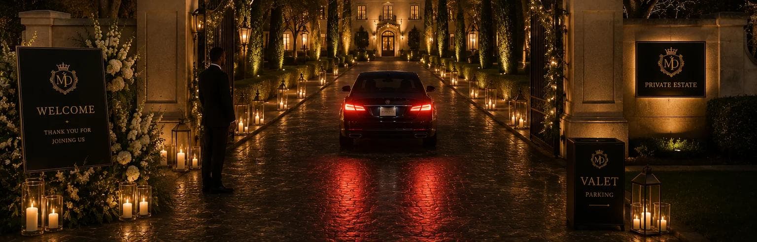 A car departing at night through an estate's lit gateway, taillights glowing on the stone driveway.