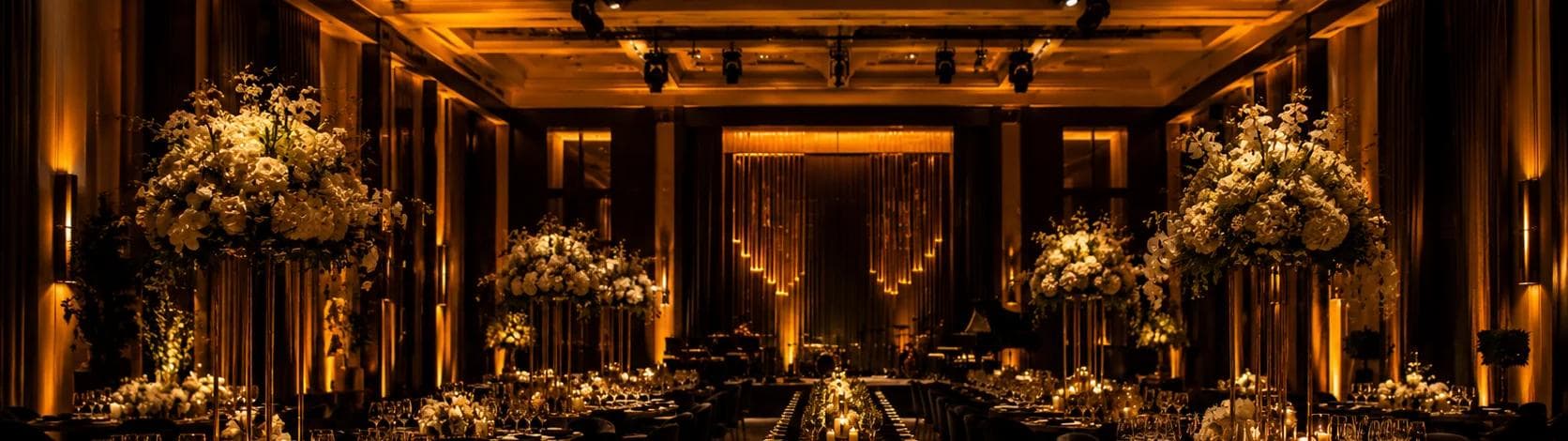 A grand ballroom set for dinner, with tall floral arrangements down a long central aisle of tables.